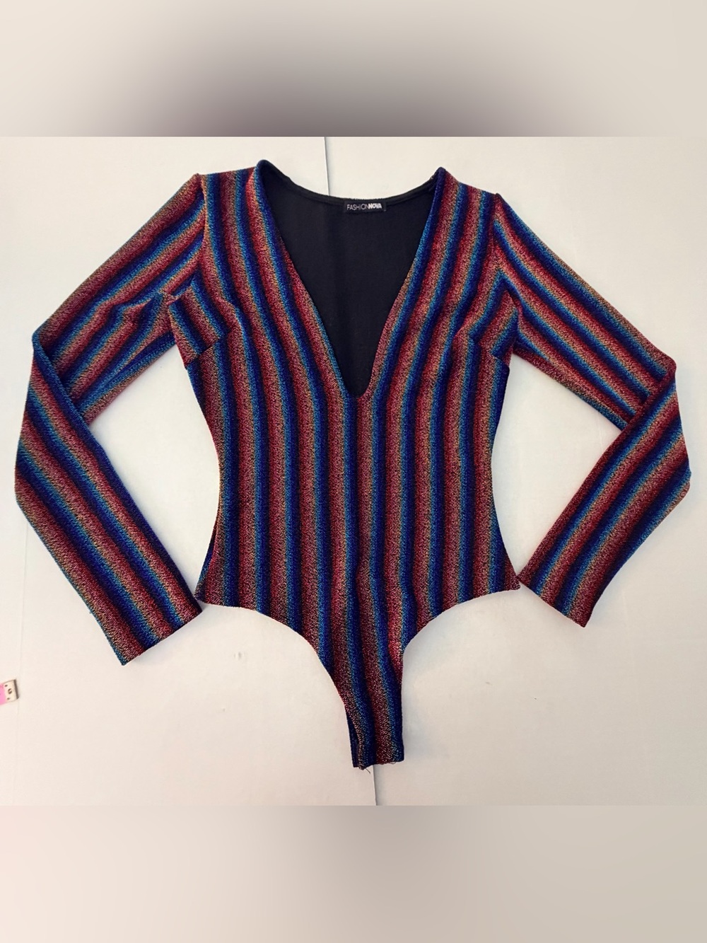 Fashion Nova Metallic Disco Multicolor Striped Deep V Long Sleeve Bodysuit Small